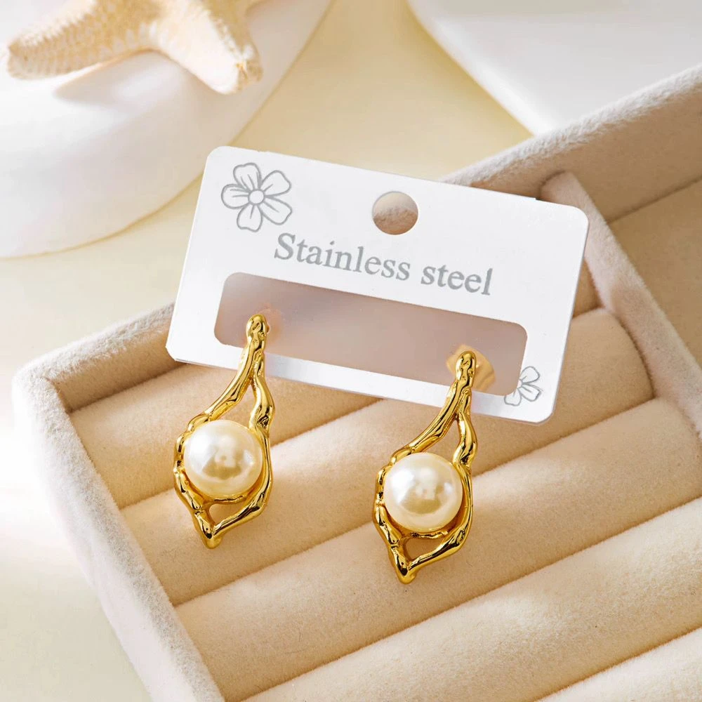 Gold Drop Earrings with Pearls - Stainless Steel - photo 2