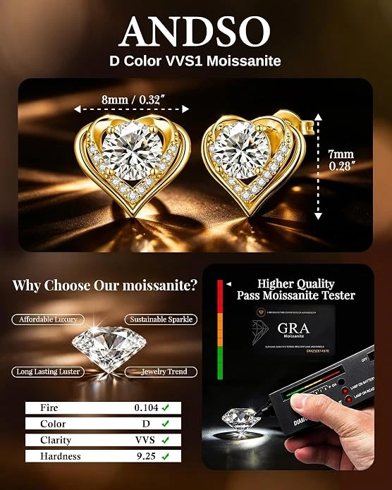 Moissanite Diamond Heart Earrings - photo 3