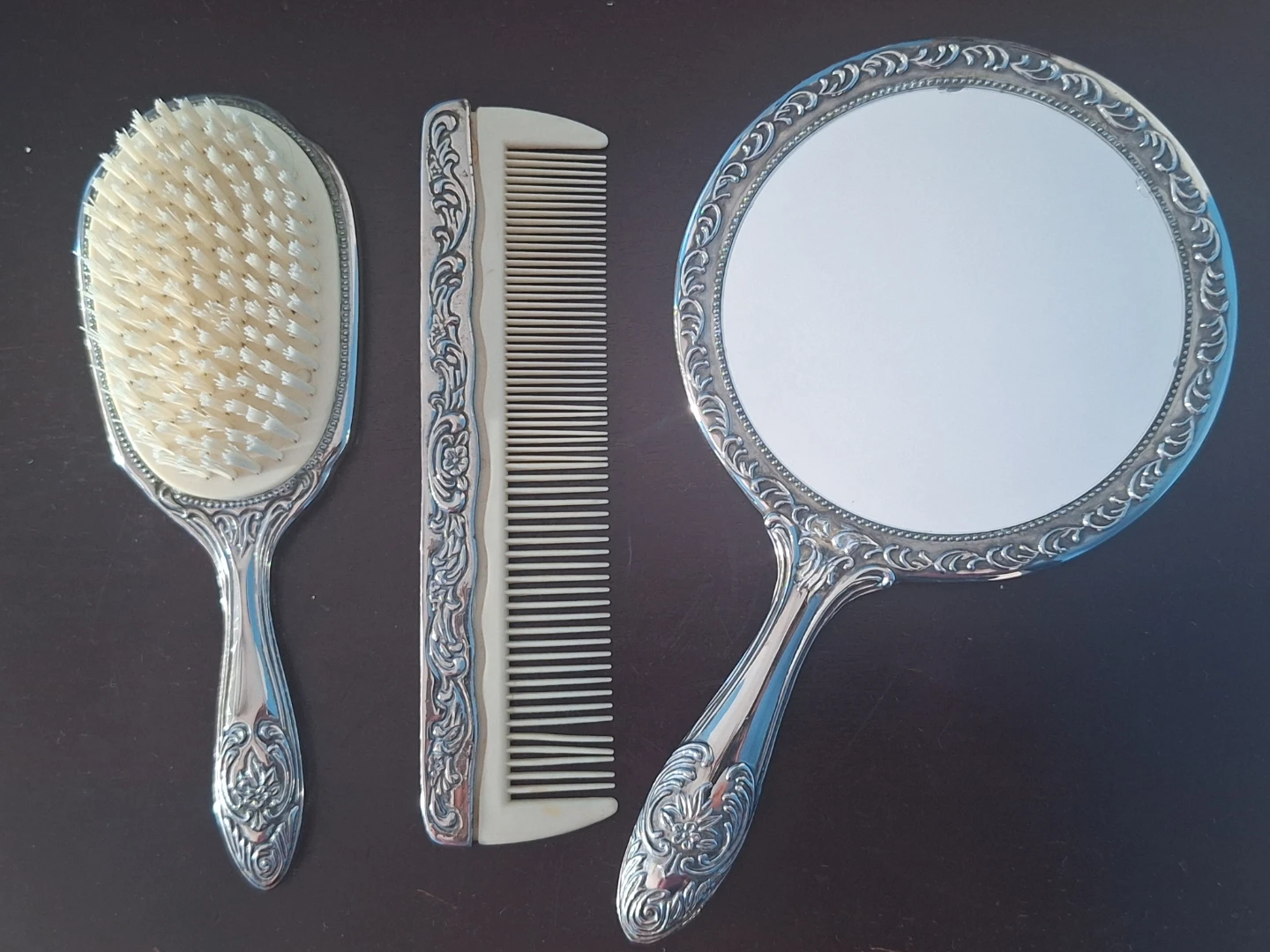 Vintage Silver Plated Vanity Set - Brush, Comb & Mirror