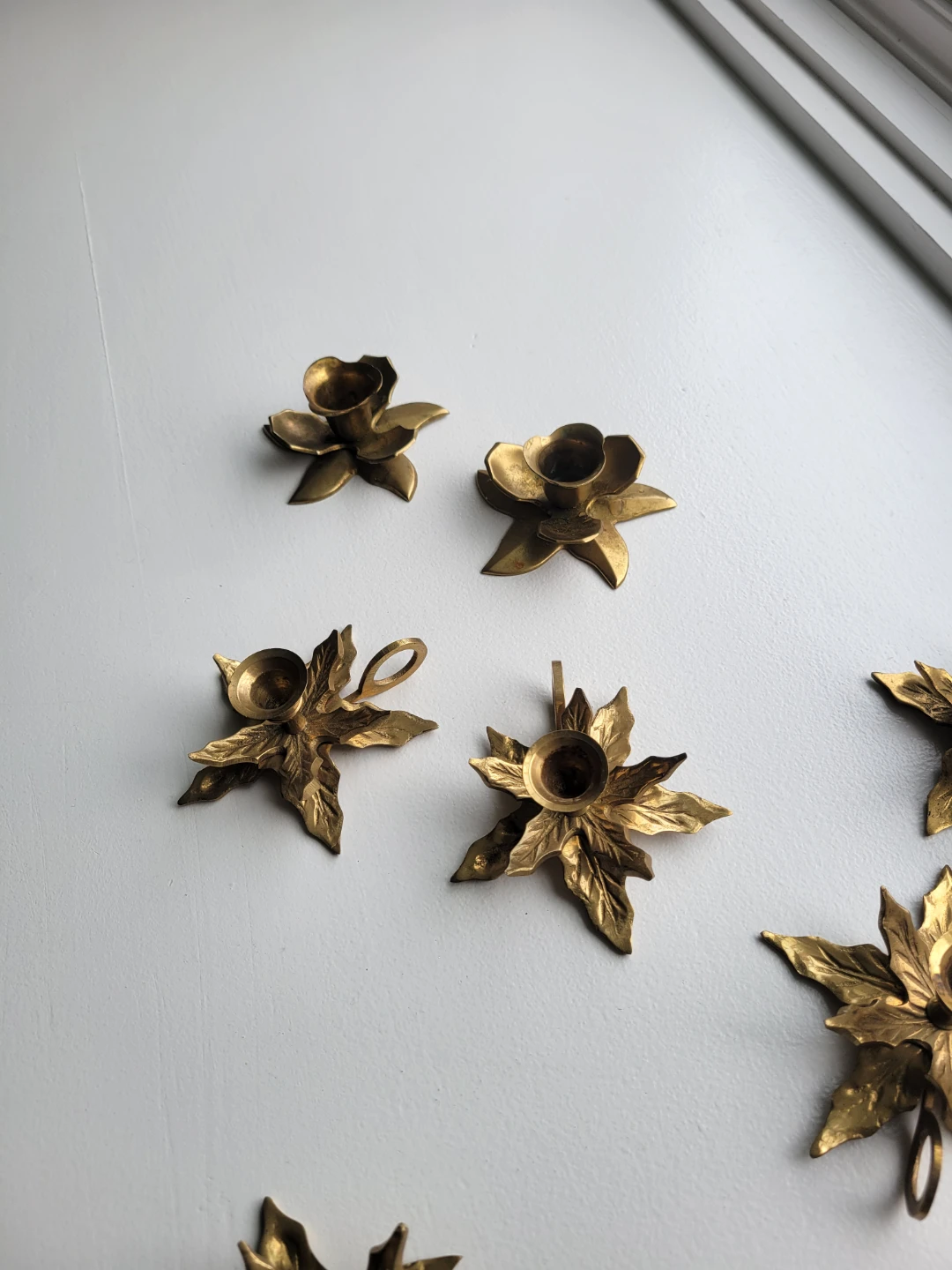 10 Available Vintage Brass Floral Leaf Candlesticks.