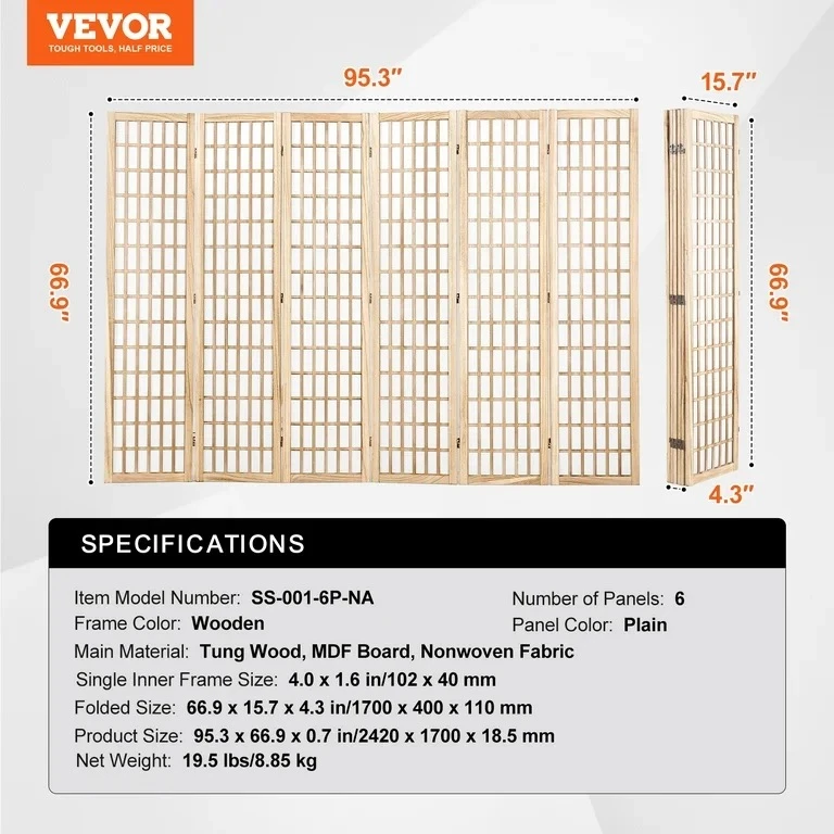 VEVOR 6-Panel Wood Room Divider Screen 66.9" x 95.3" - photo 2