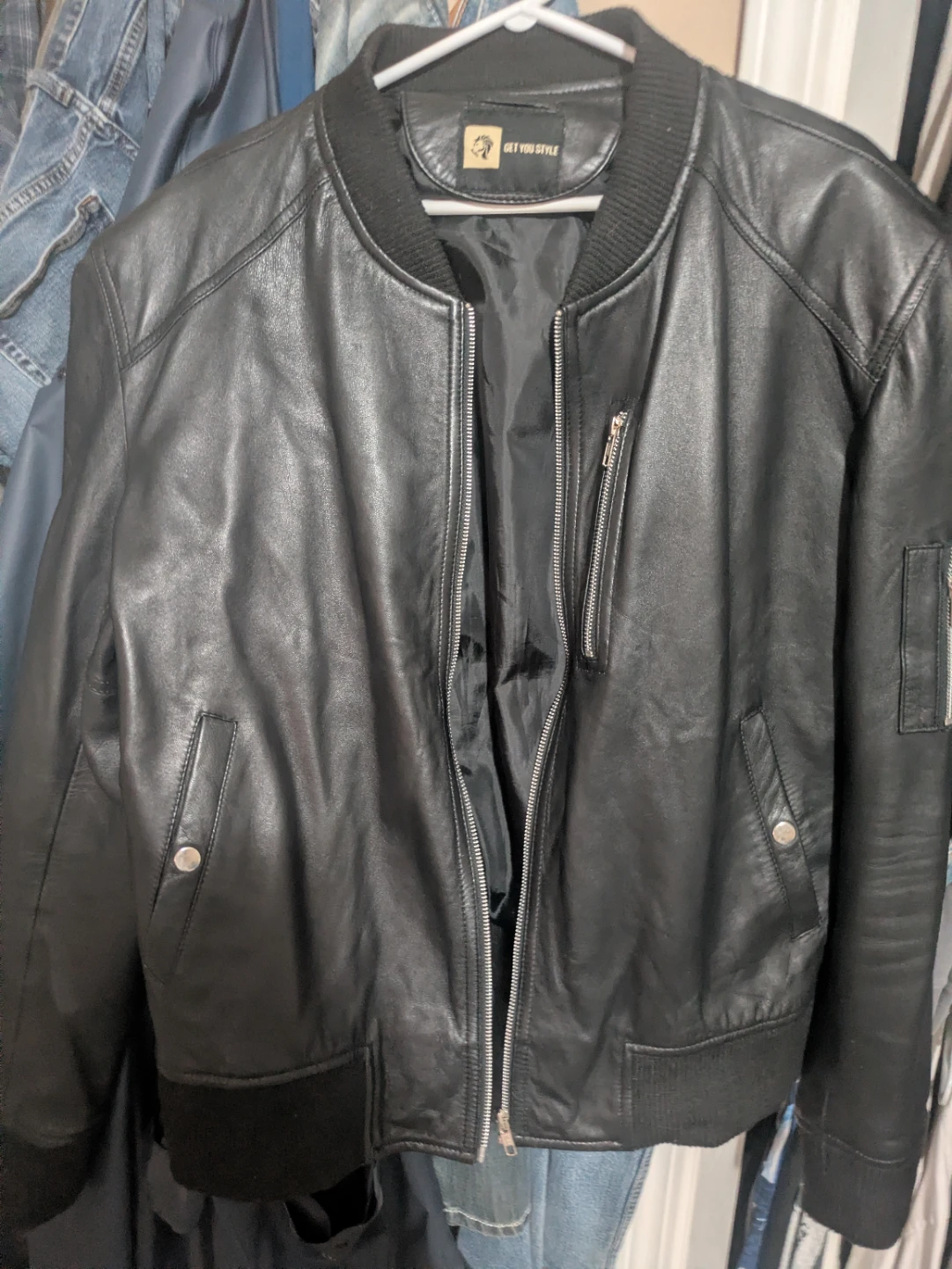 GET YOU STYLE Black Leather Bomber Jacket - photo 5