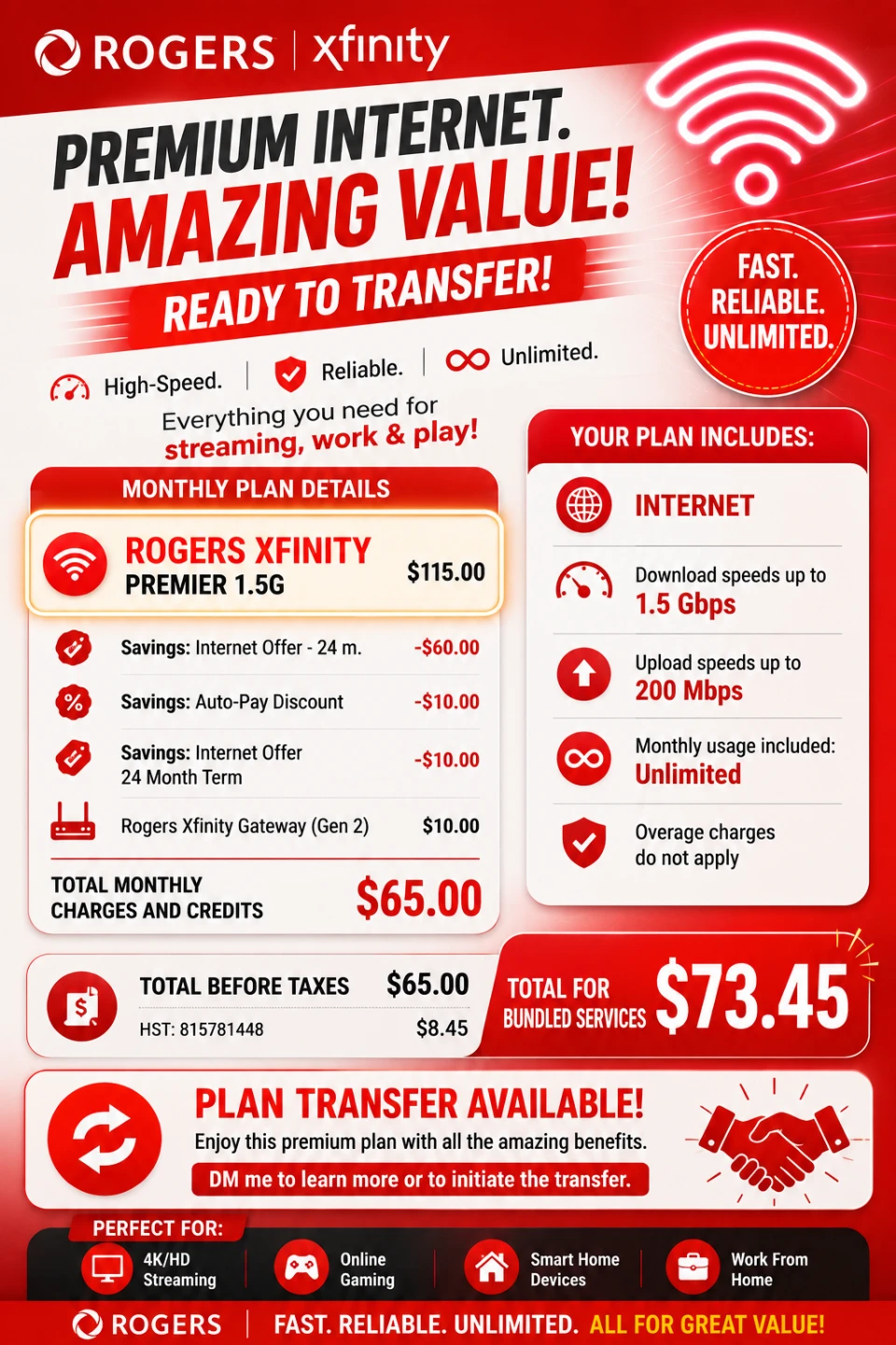 Rogers Xfinity Premier 1.5G Internet Plan Transfer