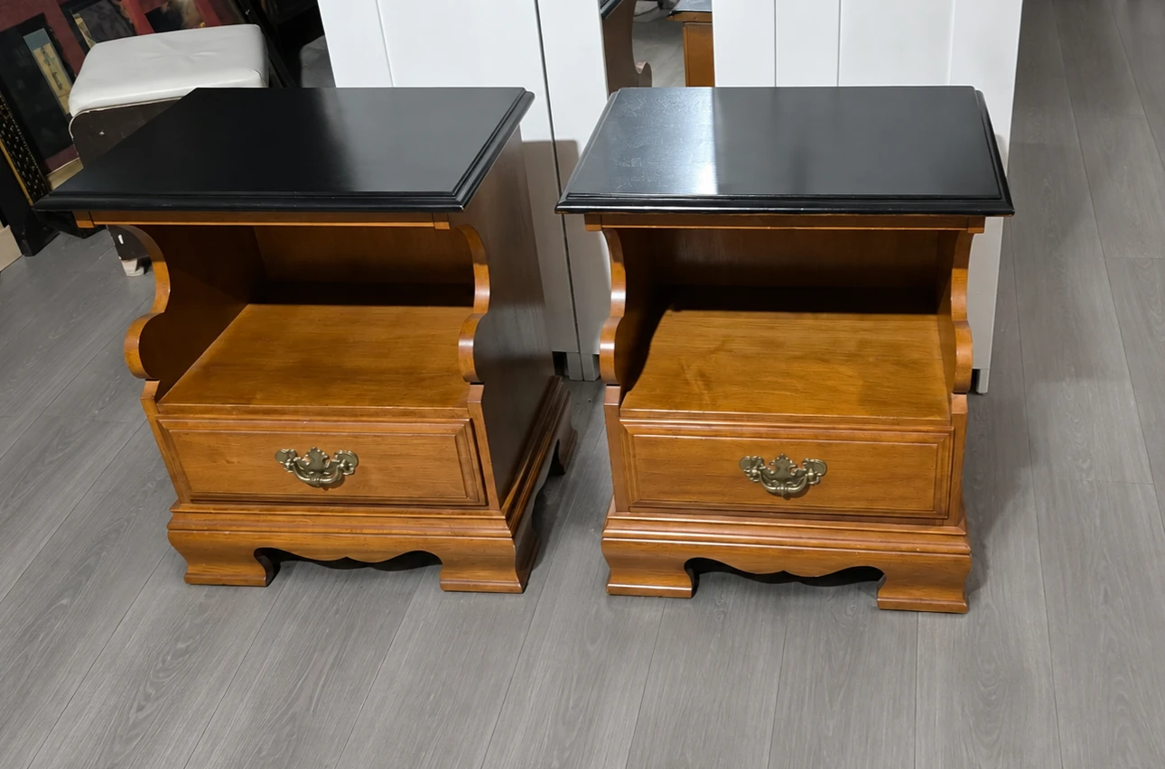 Pair of Wood Nightstands with Black Tops
