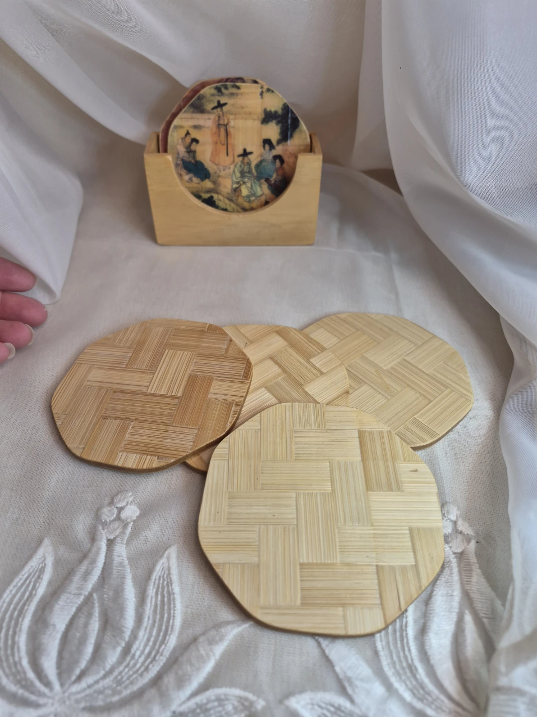 Set 6 Vintage Bamboo Coasters And Holder Asian Village DECOR - photo 2