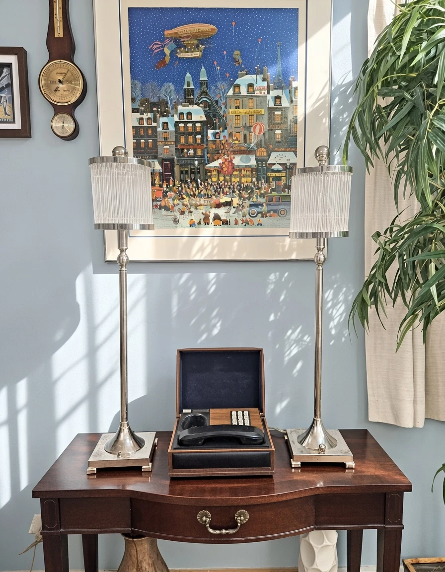Matching Pair of Chrome & Glass Pleated Table Lamps