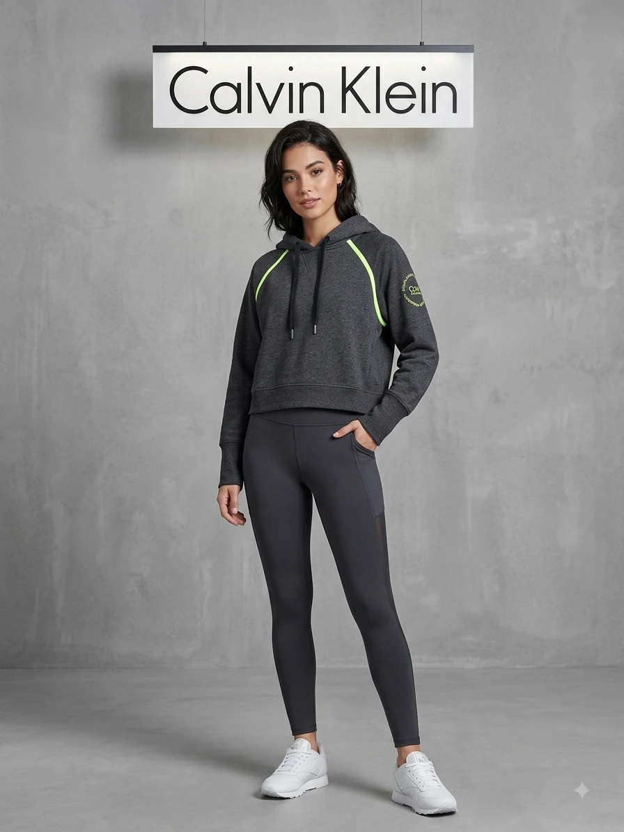 Calvin Klein Grey Cropped Hoodie with Neon Accents