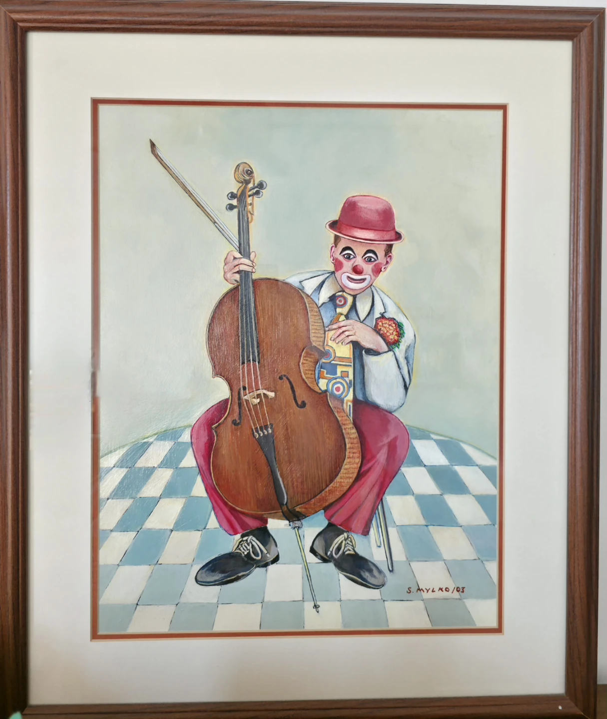 Original Oil Painting-'The Musical Clown, Eastern European Art