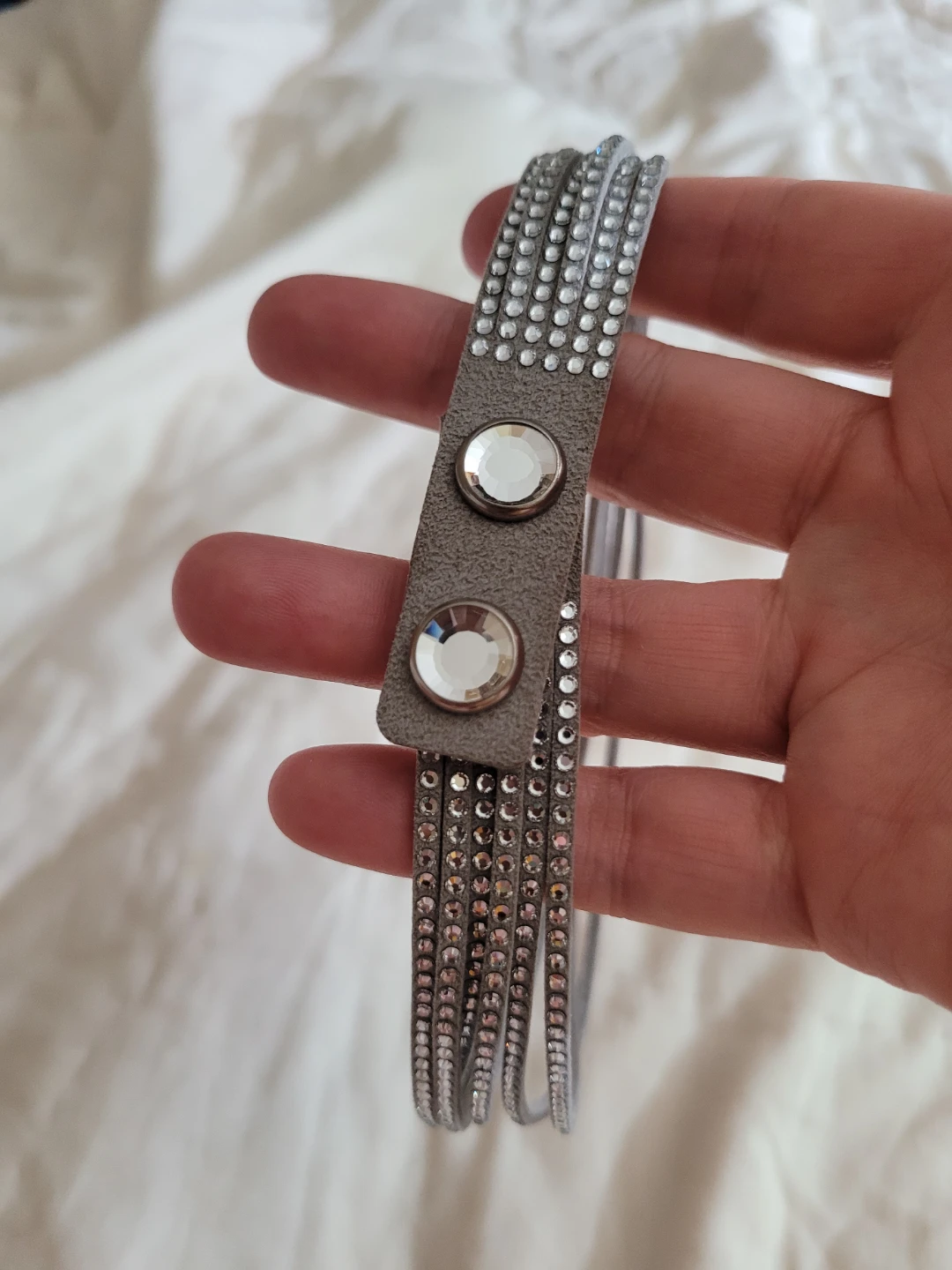 Sparkly Grey Leather-Look Bracelet with Rhinestones