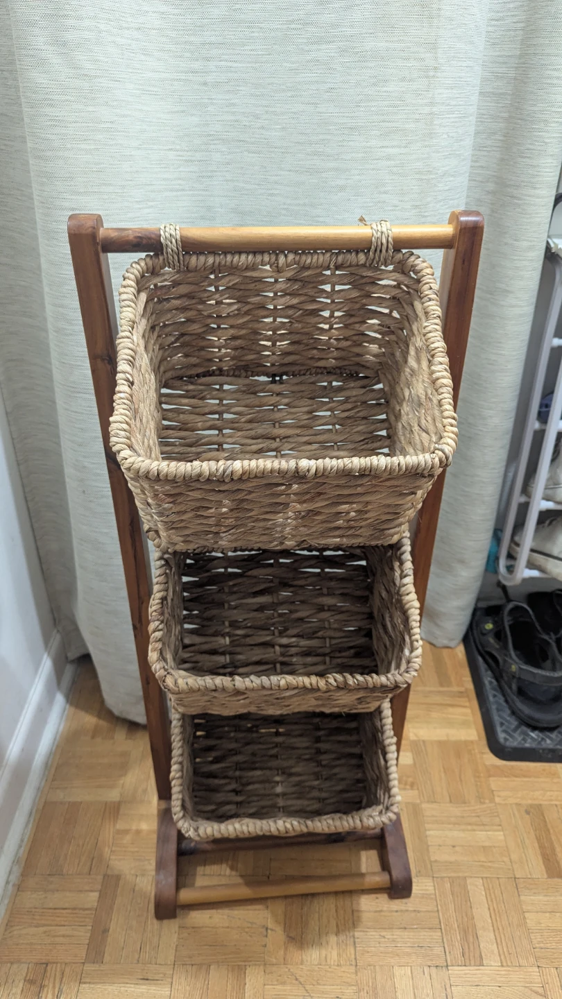 Rattan Bamboo Wood Wicker 3-Tier Floor Storage Basket Rack - photo 2