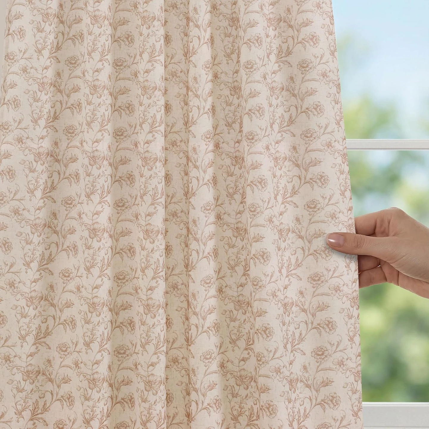 Taupe Floral Linen Curtains - 2 Panels - photo 5