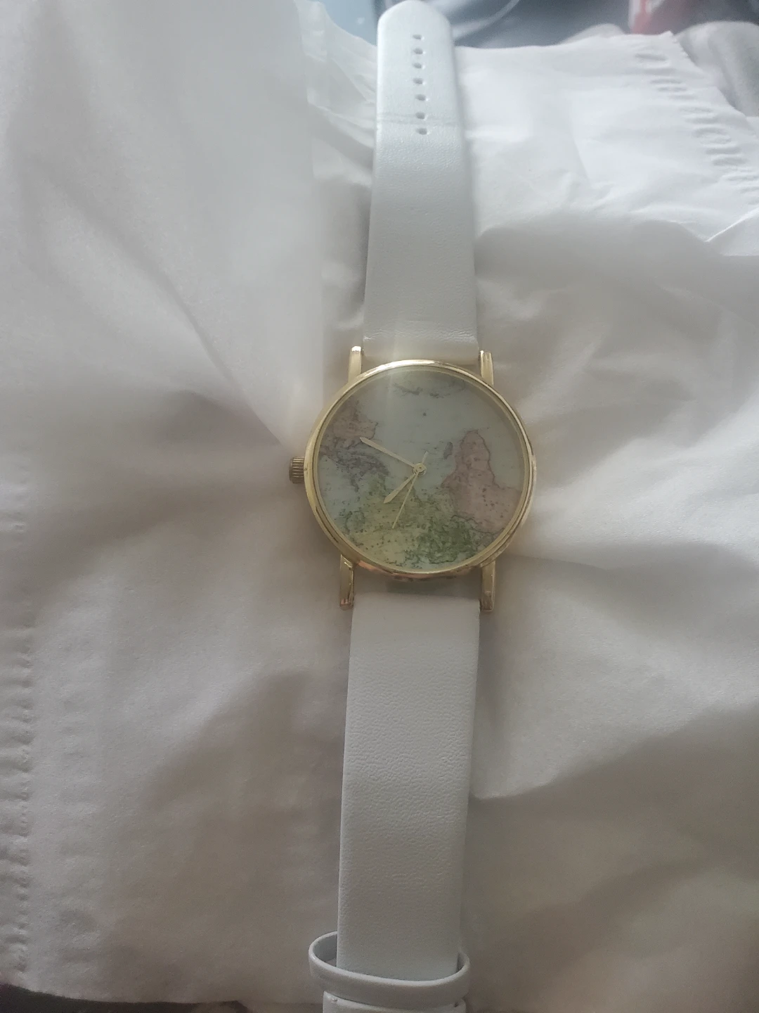 White Leather Watch with Map Face - photo 2