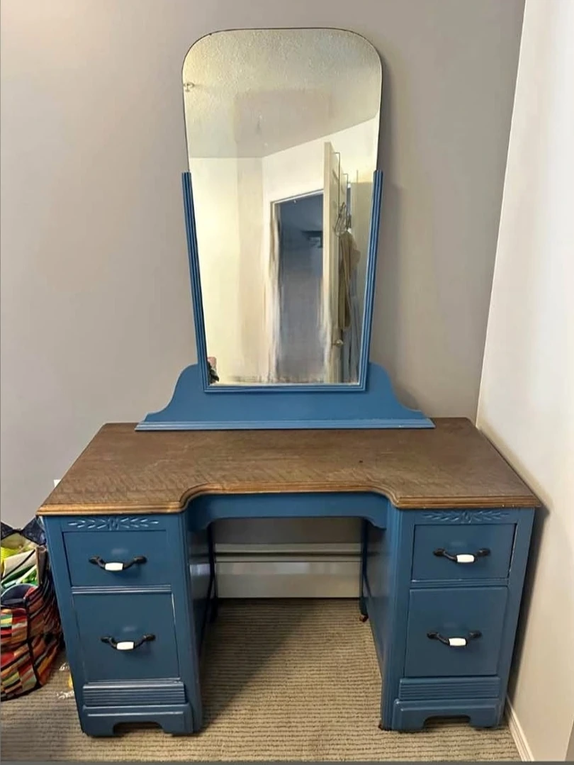 Blue solid wood Vanity Desk with Mirror