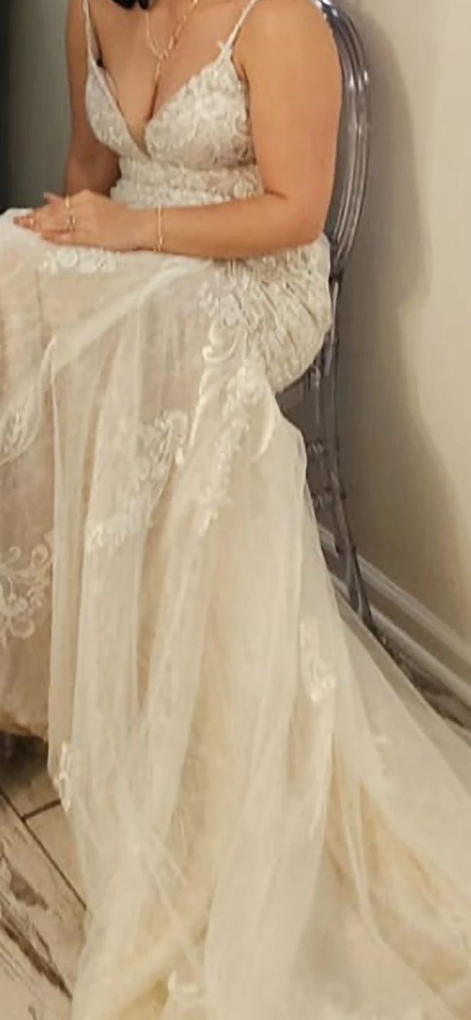 White Lace Mermaid Wedding Dress - Azazie Camlynn Nude - photo 4