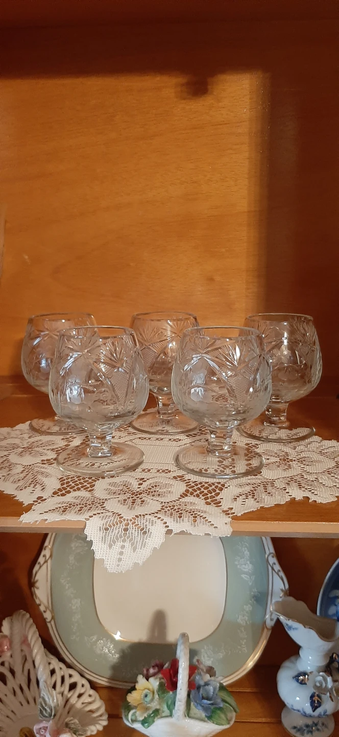 5 Vintage European Cut Crystal Brandy Snifter Glasses.