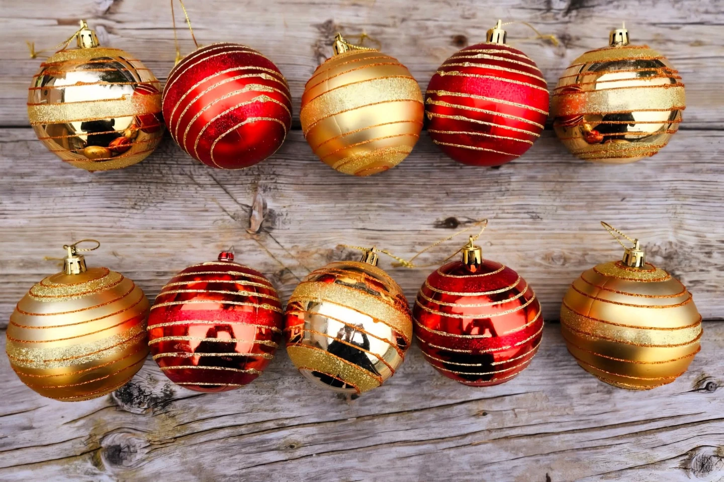 Red & gold striped holiday ornaments. $10 for all 10!