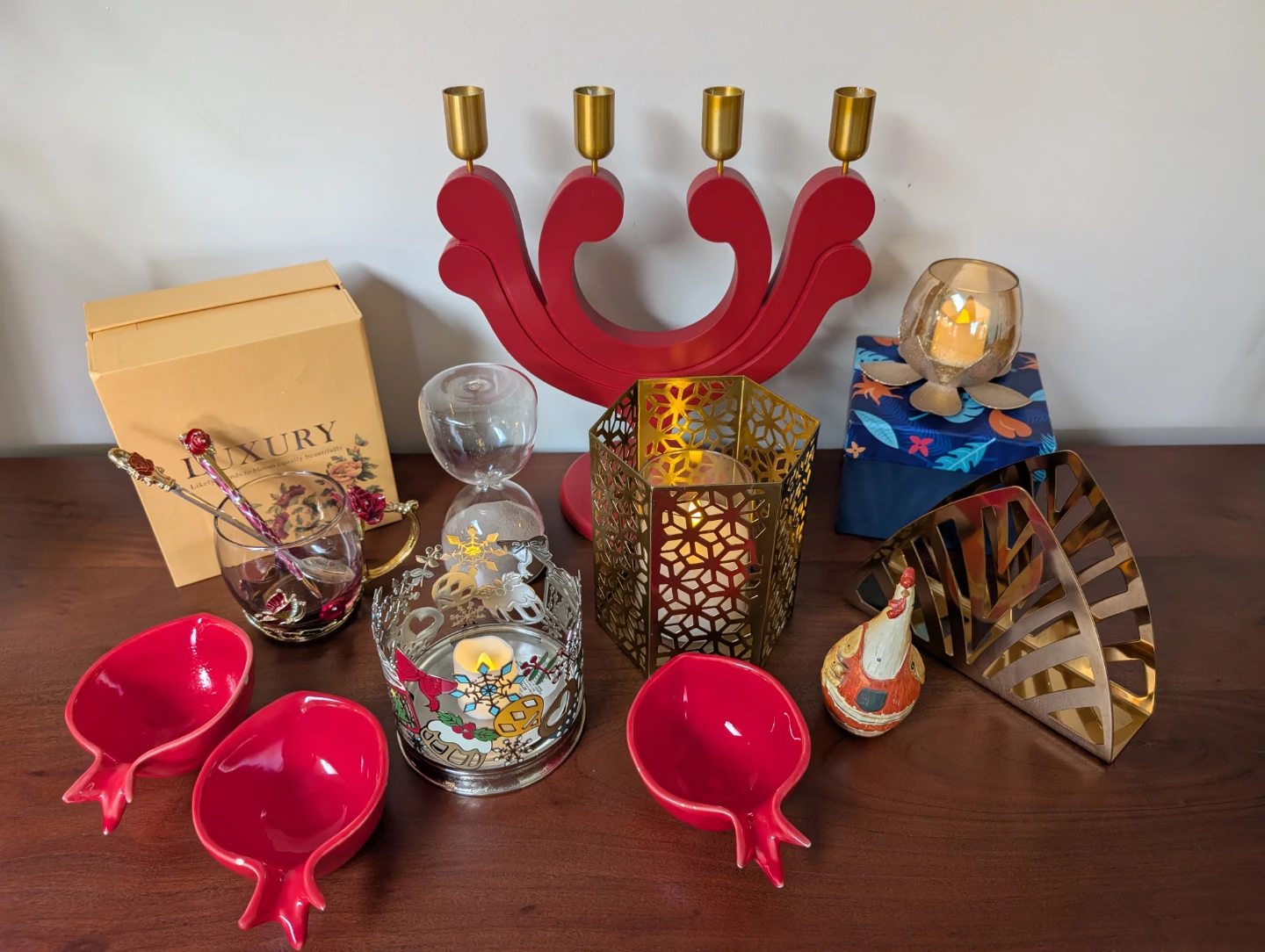 Red Candelabra with Gold Candle Holders