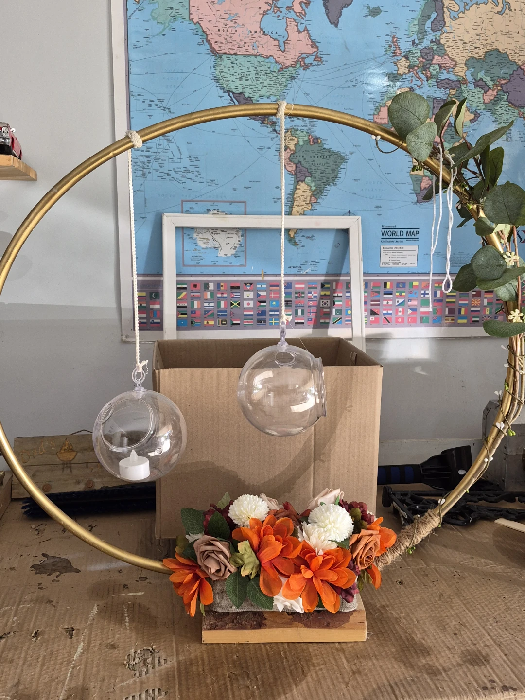 Painted Gold Hoop Floral Wreath with Hanging Orbs