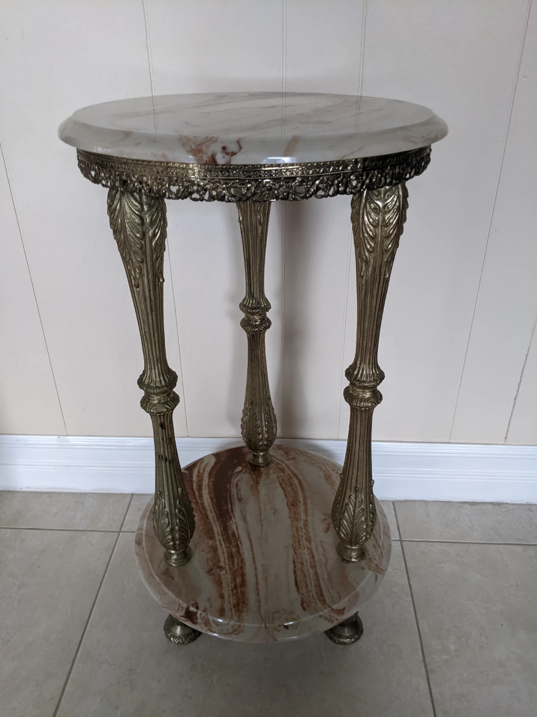 Vintage Brass and Marble Pedestal Side Table