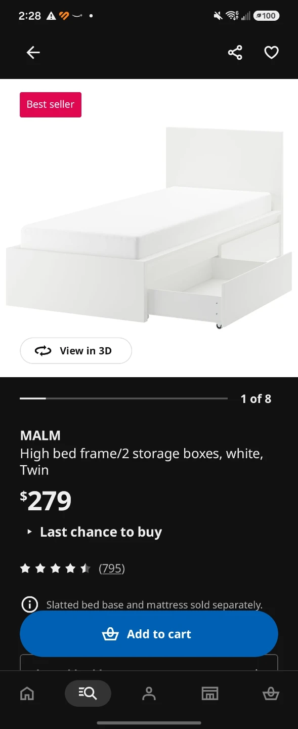 IKEA MALM Twin Bed Frame with Storage Boxes - White