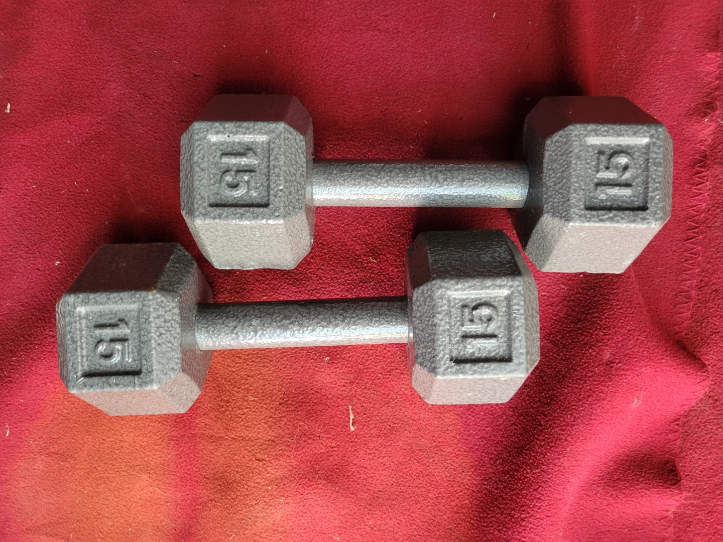 SETS OF 15LB  HEXHEAD DUMBBELLS TOTAL 30LBs