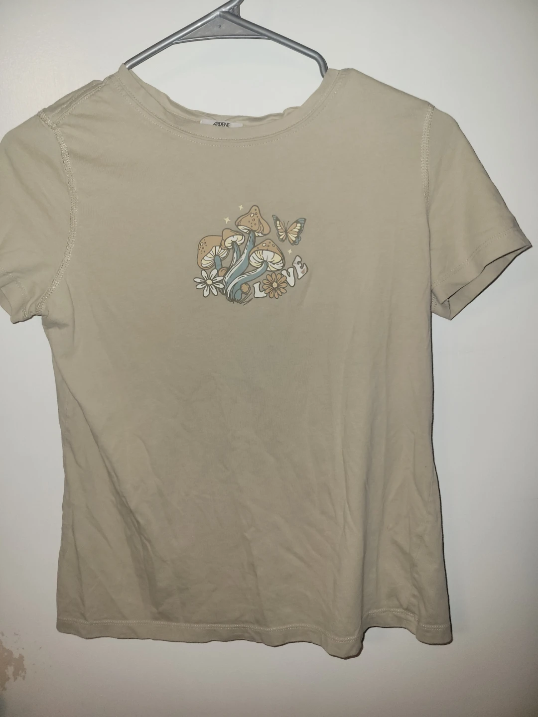 ARDENE Tan T-Shirt with Mushroom & Butterfly Graphic
