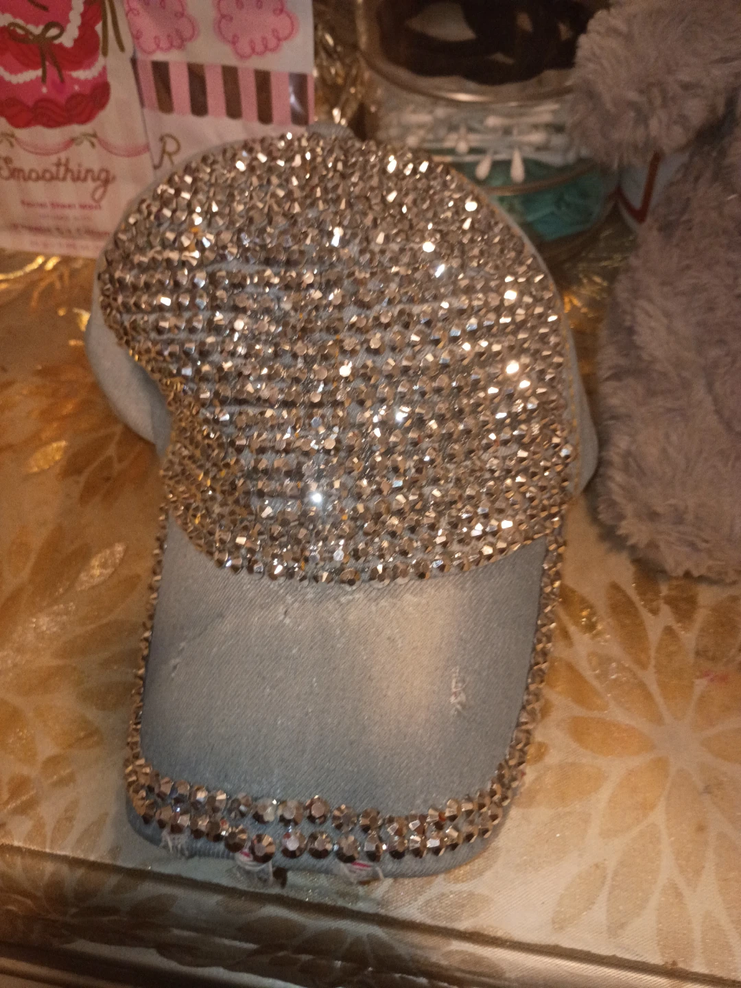 Denim Baseball Cap with Rhinestone Embellishments