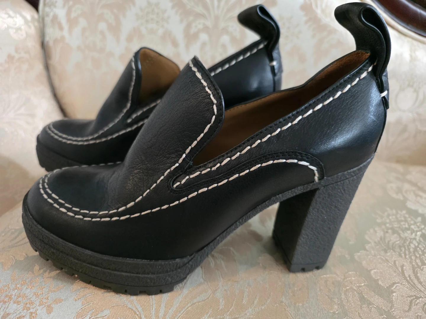 Black Leather Chunky Heel Chloe stitched  Loafers
