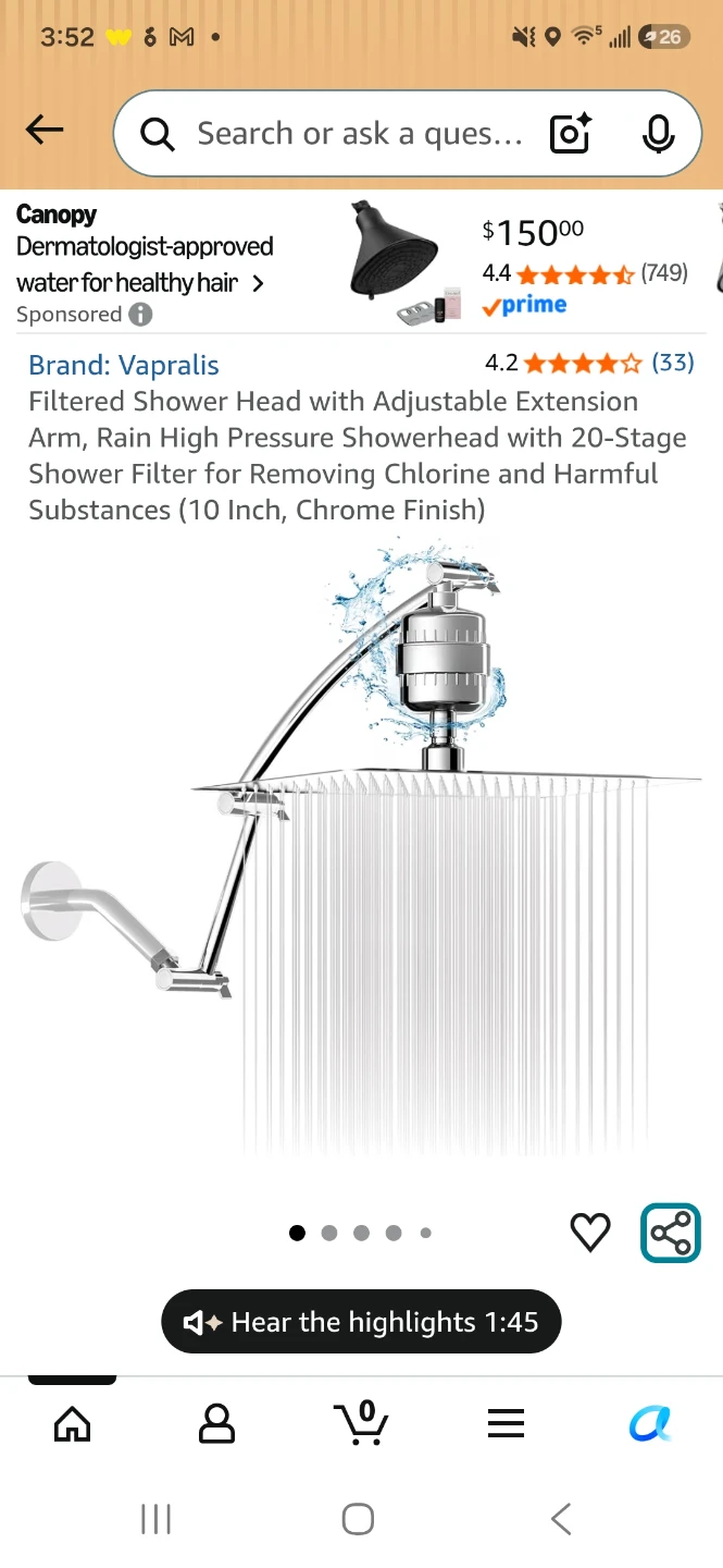 Vapralis Filtered Shower Head with Adjustable Arm
