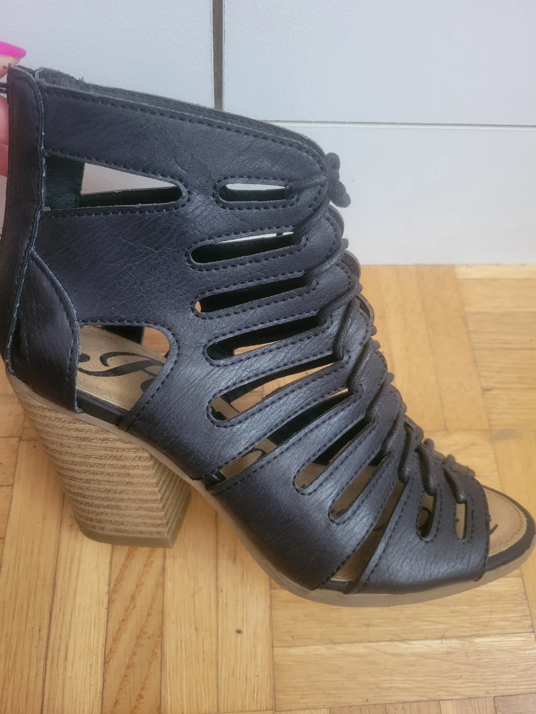 Black Strappy Zipper Heel Sandals - Size 6