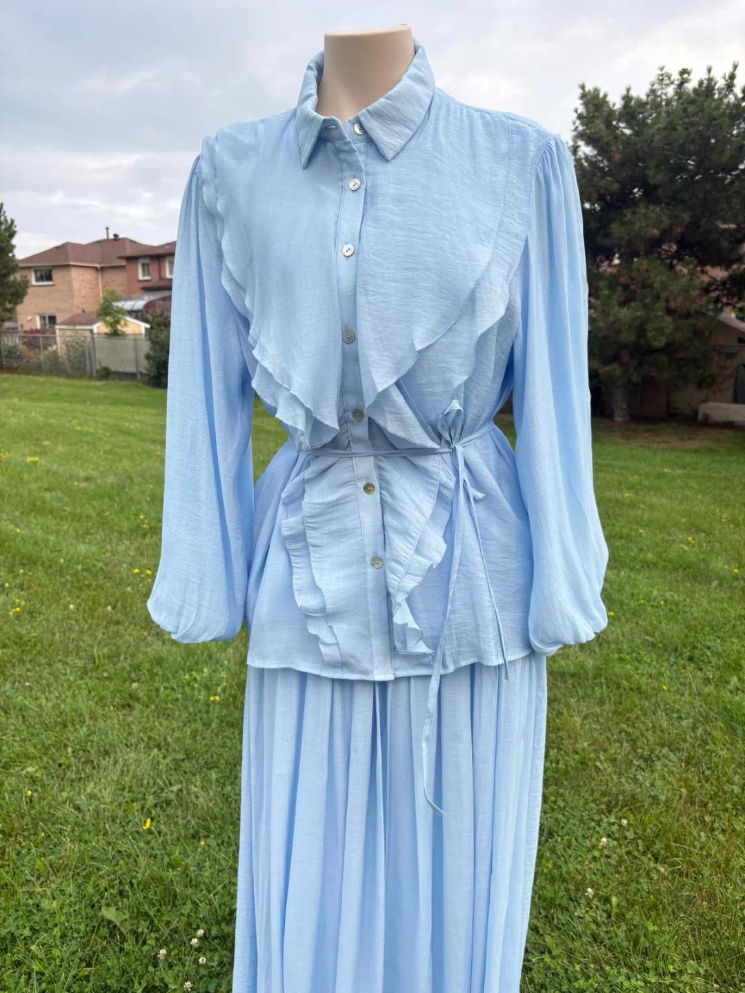 Light Blue Ruffle Button-Up Shirt and Skirt Set - photo 3