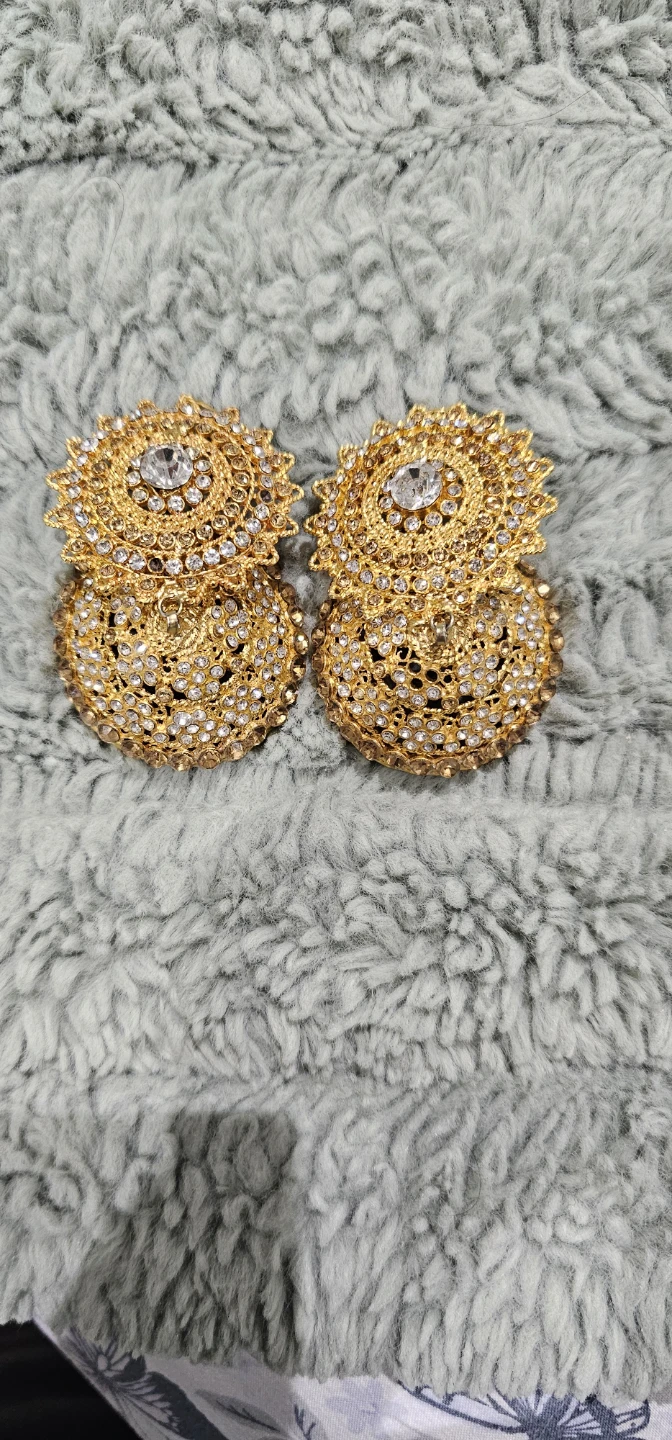 Gold Tone Jhumka Earrings with Rhinestones