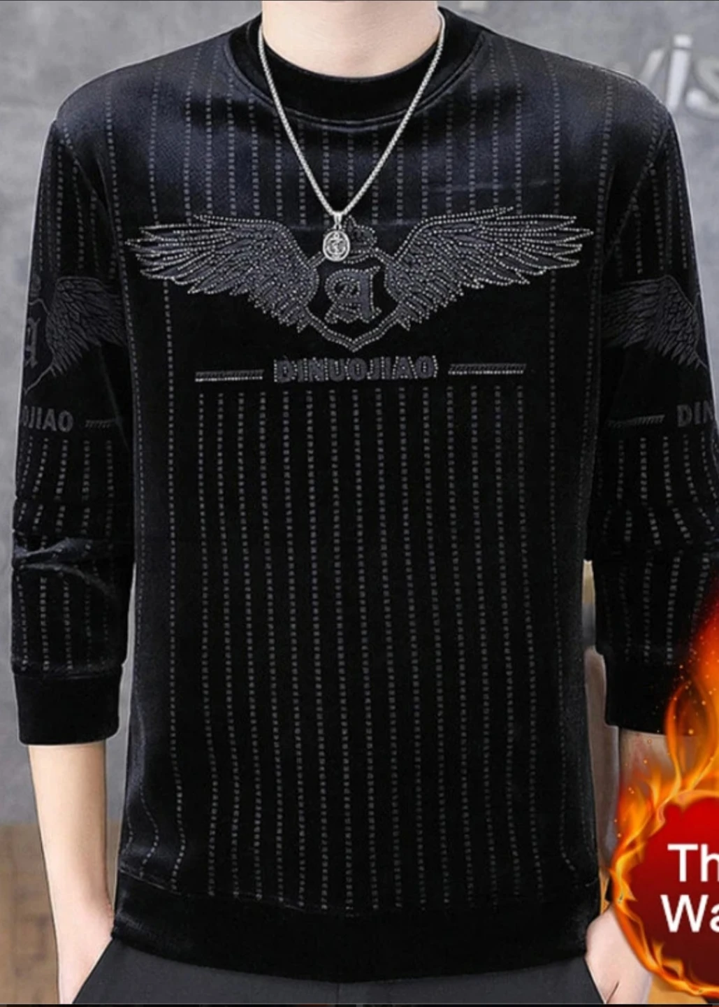 JING&PIN Black Striped Long Sleeve Sweatshirt with Wings Design