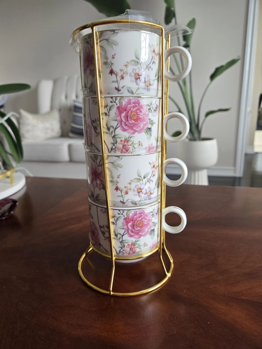 Grace Teaware Stackable Tea Cups Set with Gold Stand