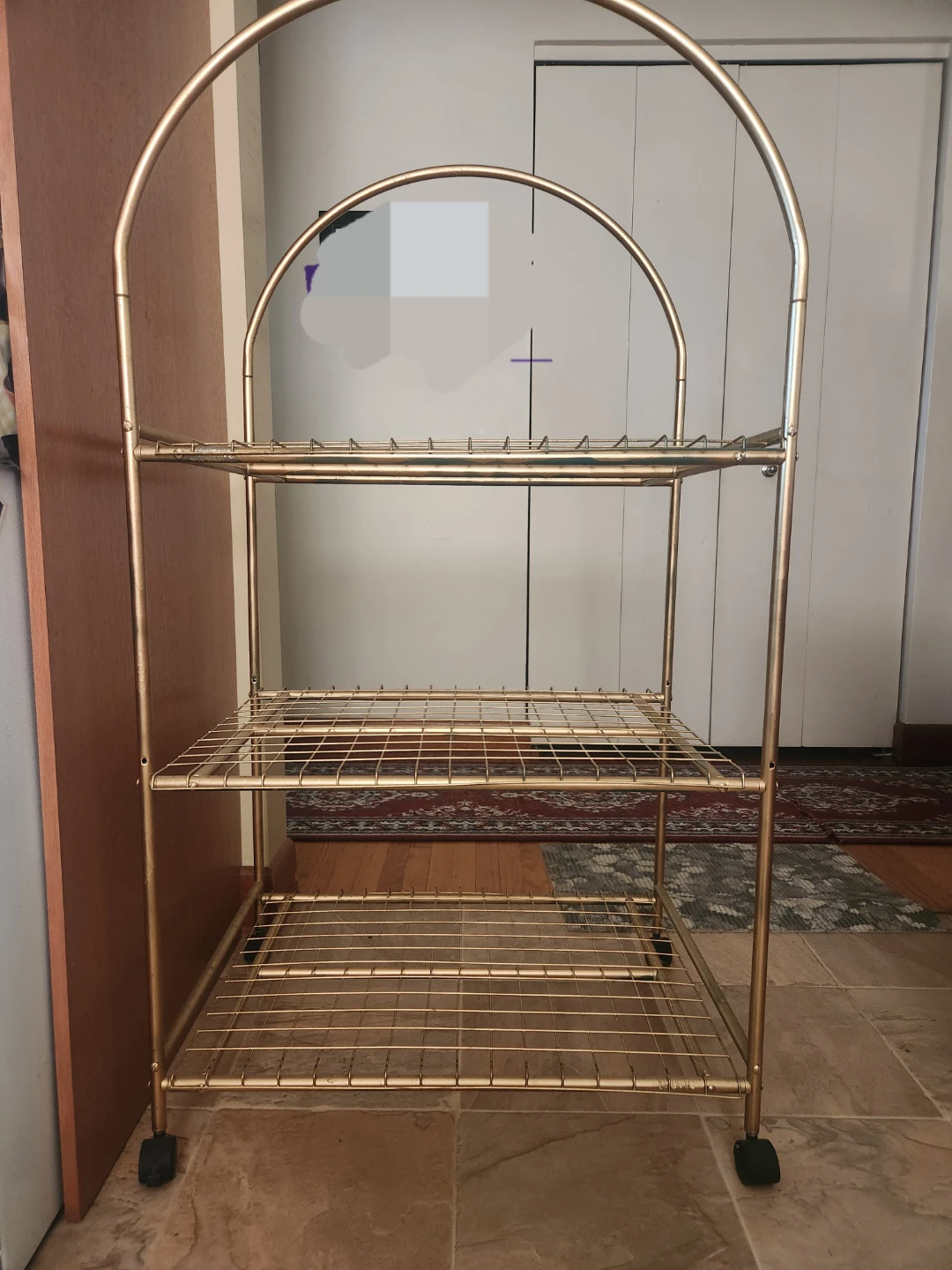 Vintage Gold Metal Rolling Bar Cart with Locking Mechanism - photo 2