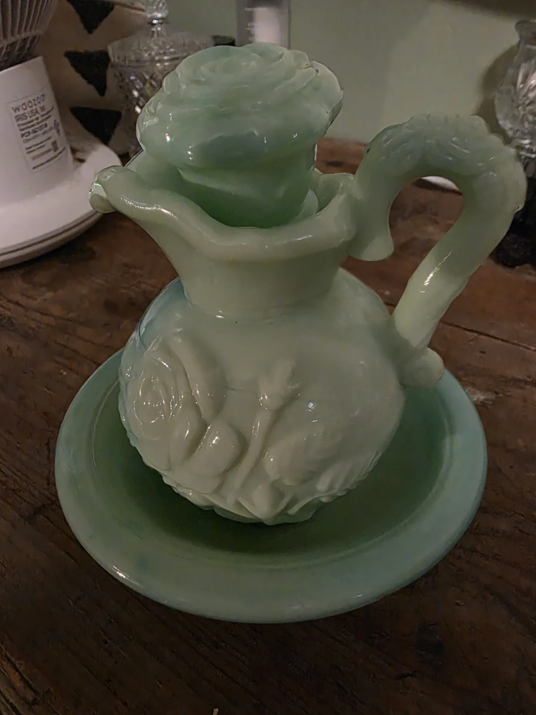Vintage Avon Jadeite Green Milk Glass Pitcher and Bowl