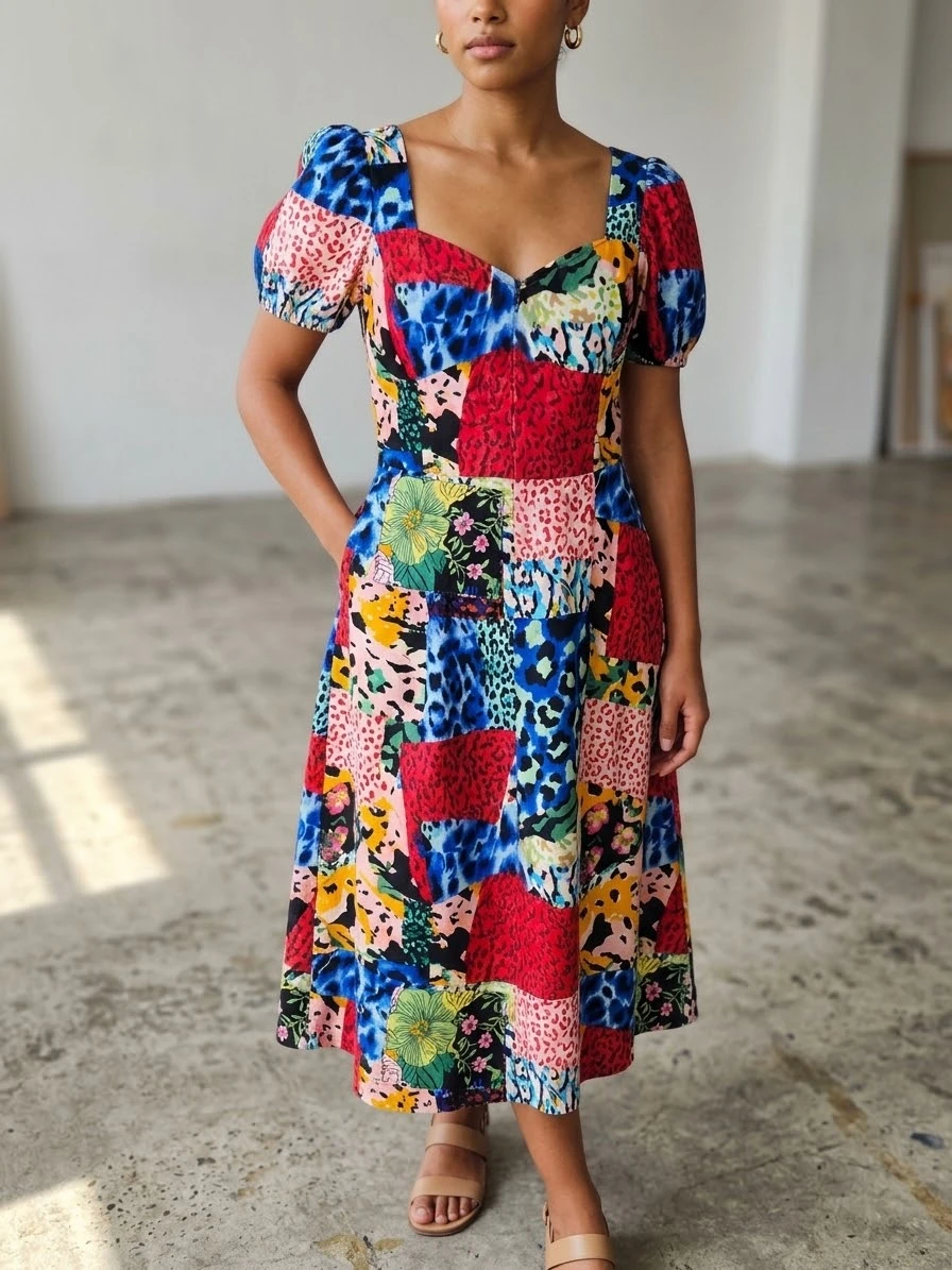 Patchwork Puff Sleeve Midi Dress