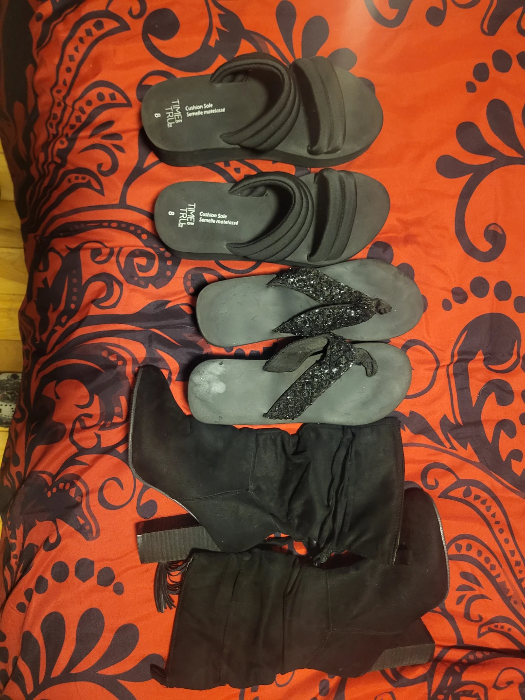 Time and Tru Black Slip-On Sandals and Boots