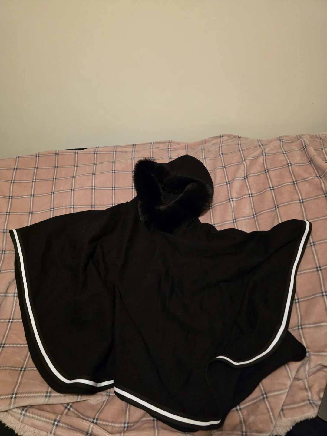 Black Poncho with Fur Hood Trim - photo 2