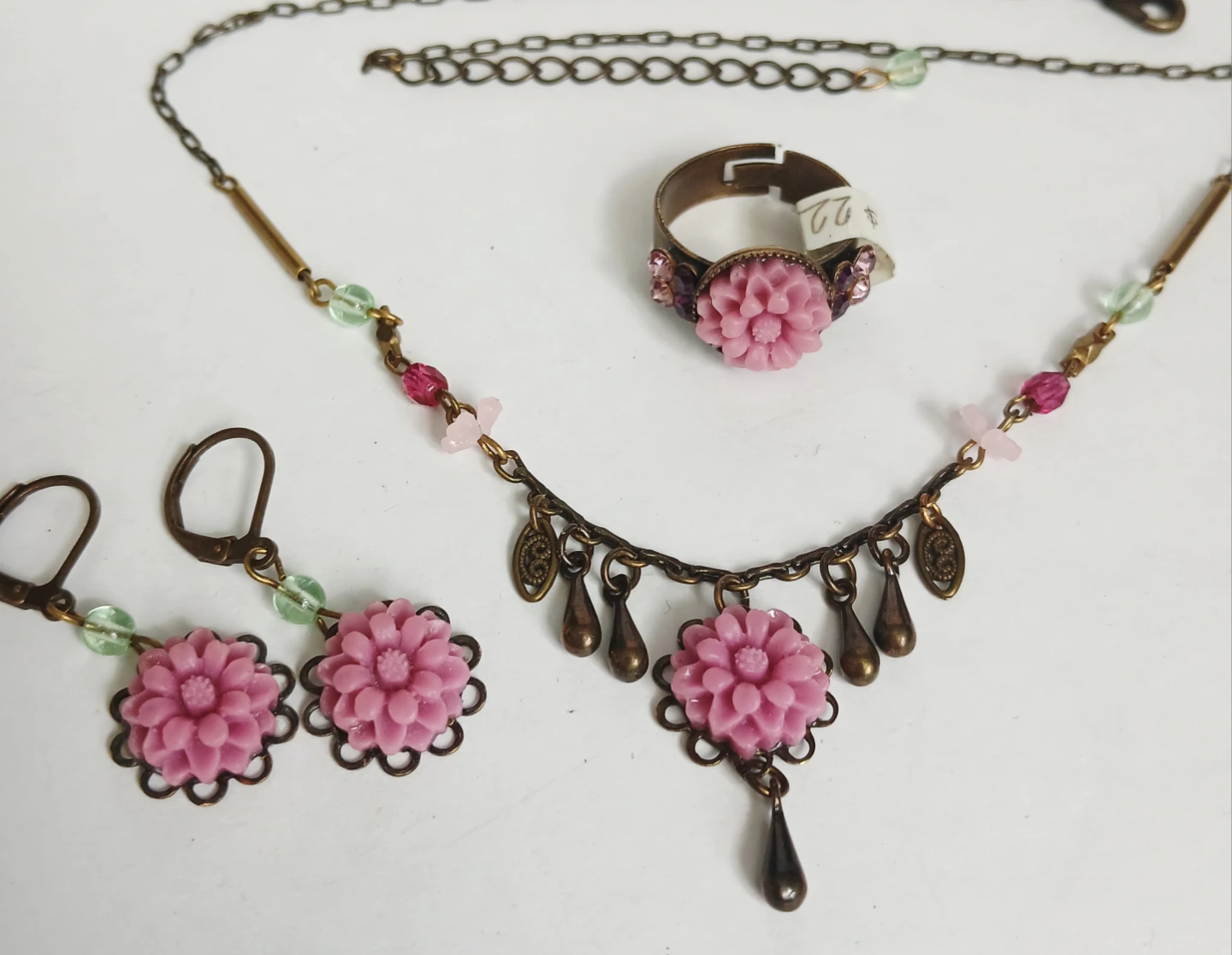 Pink Flower Necklace, Ring, and Earring Set - photo 3