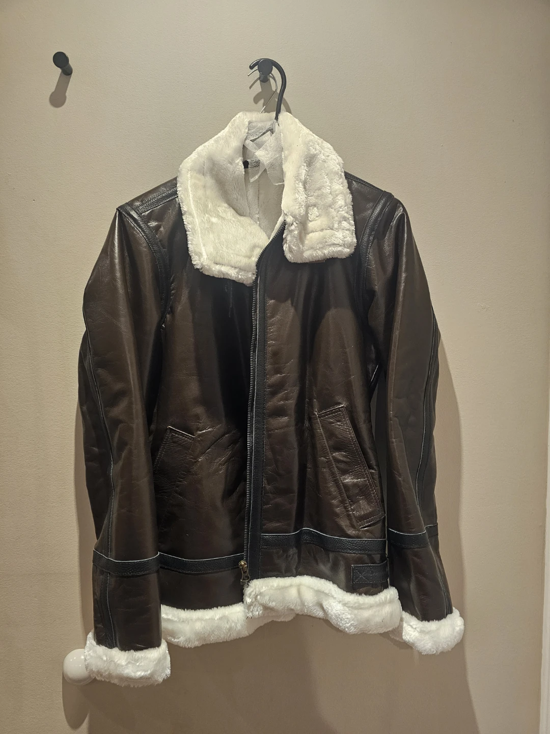 Dark brown faux leather aviator jacket