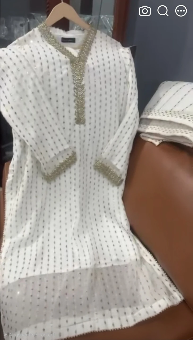 White Kurti with Gold Embellishment and Dupatta