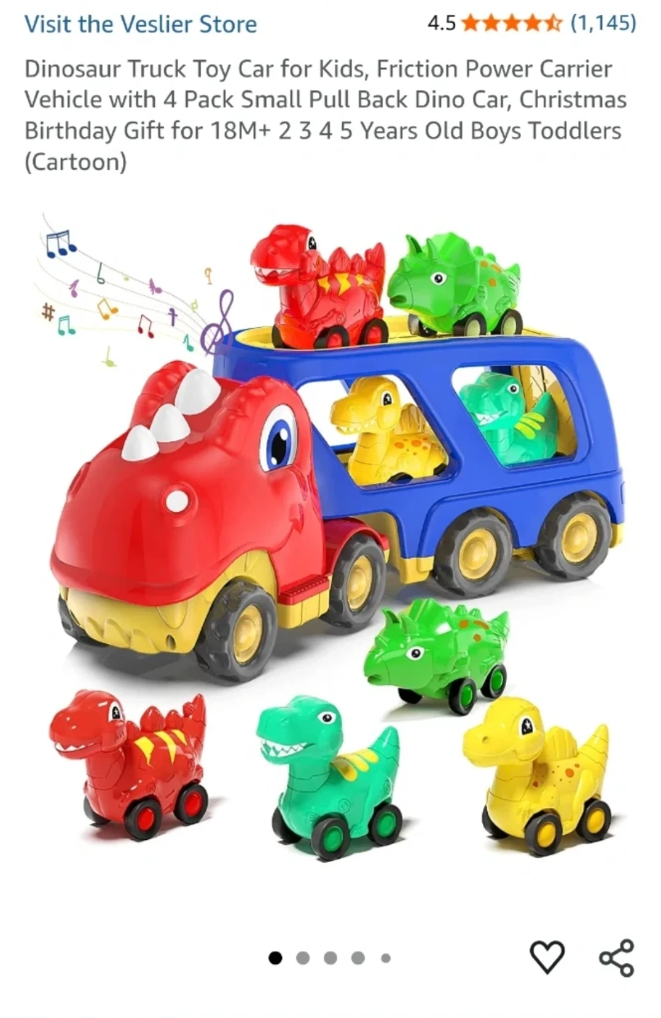 Dinosaur Truck Toy Car with 4 Pull Back Dino Cars (Cartoon)