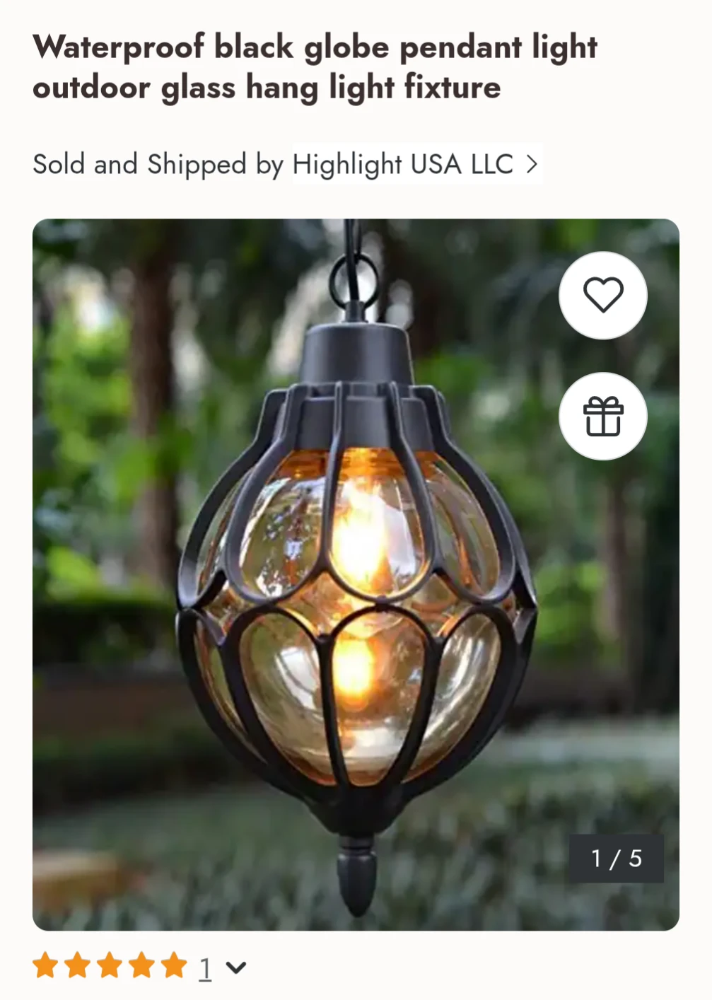 Waterproof Black Globe Pendant Light Fixture
