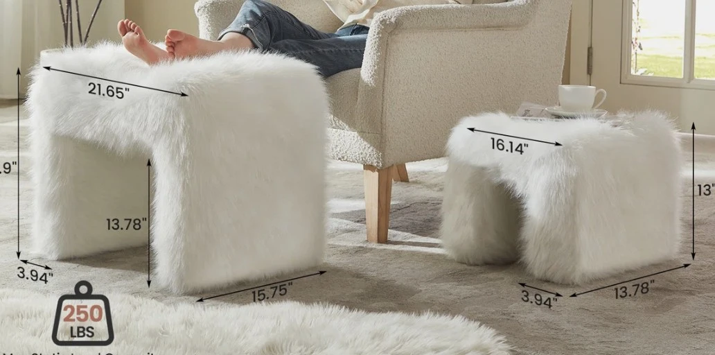 White Faux Fur U-Shaped Stool / Ottoman - photo 4