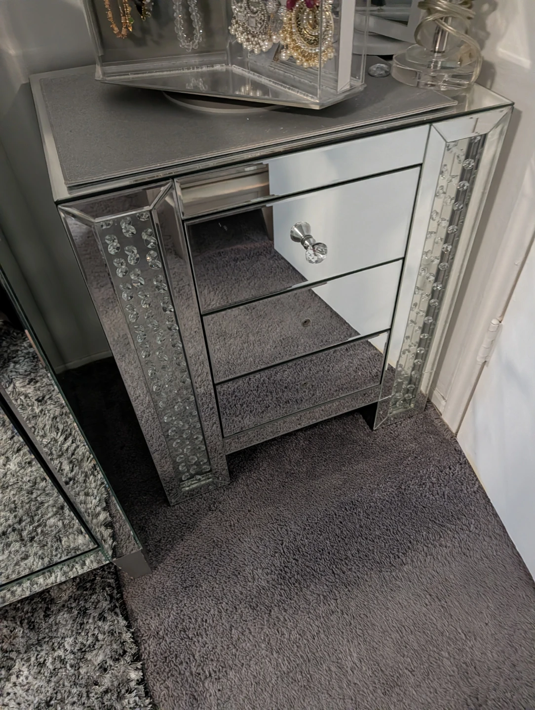 Mirrored 3-Drawer Nightstand with Crystal Accents - photo 3