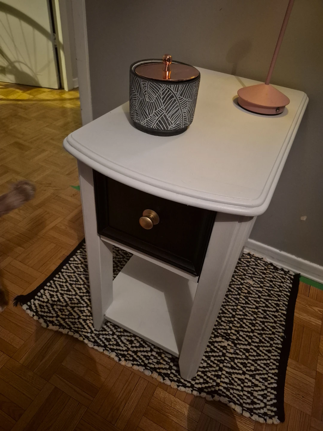 White and black bedroom/bathroom end table with drawer