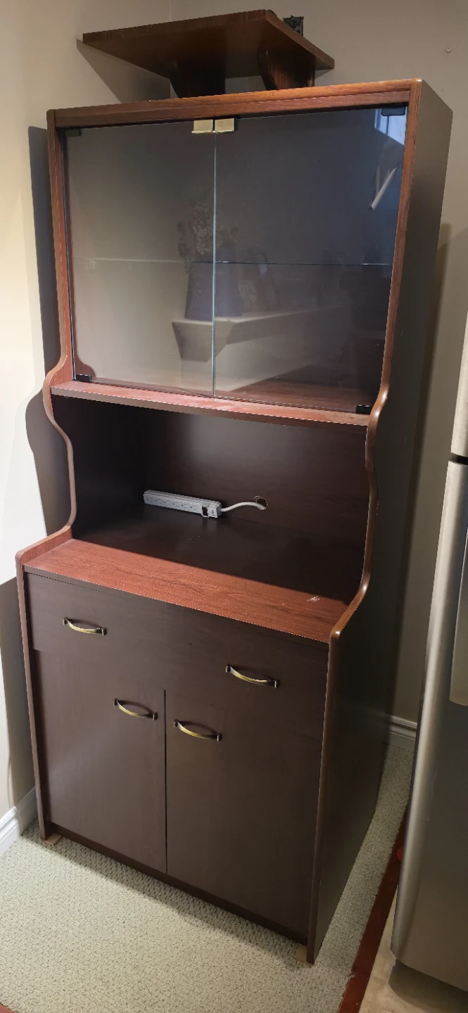 Dark Brown Wooden Hutch with Glass Display Cabinet