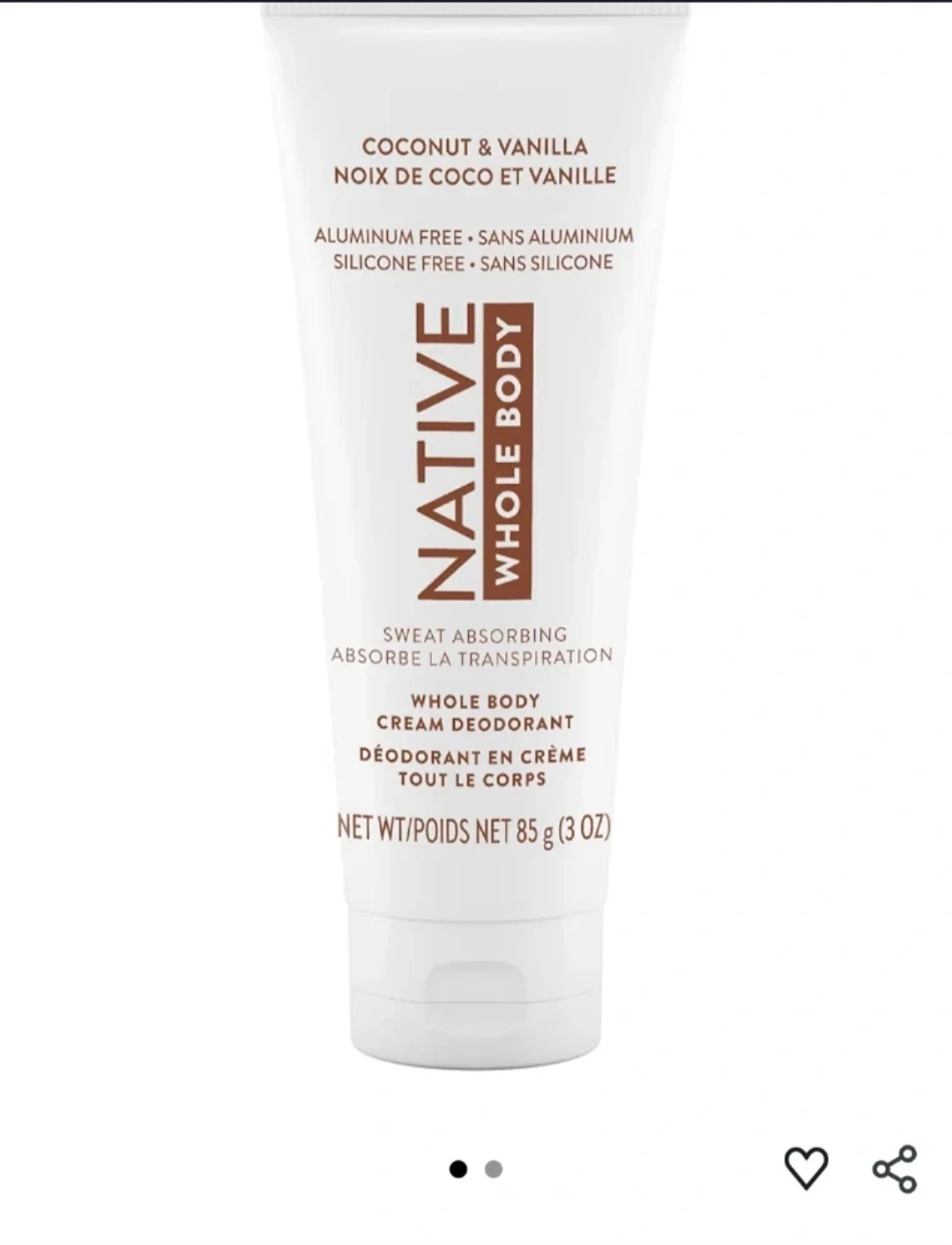 New! Native Whole Body Cream Deodorant - Coconut & Vanilla - 85g