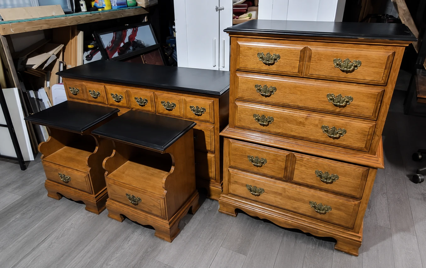 Wood Dresser and Nightstand Set with Black Tops